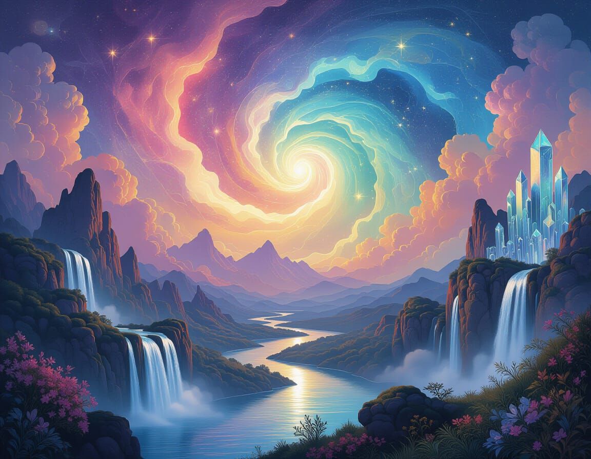 Whimsical Magical Landscape Vista in Art Nouveau Style