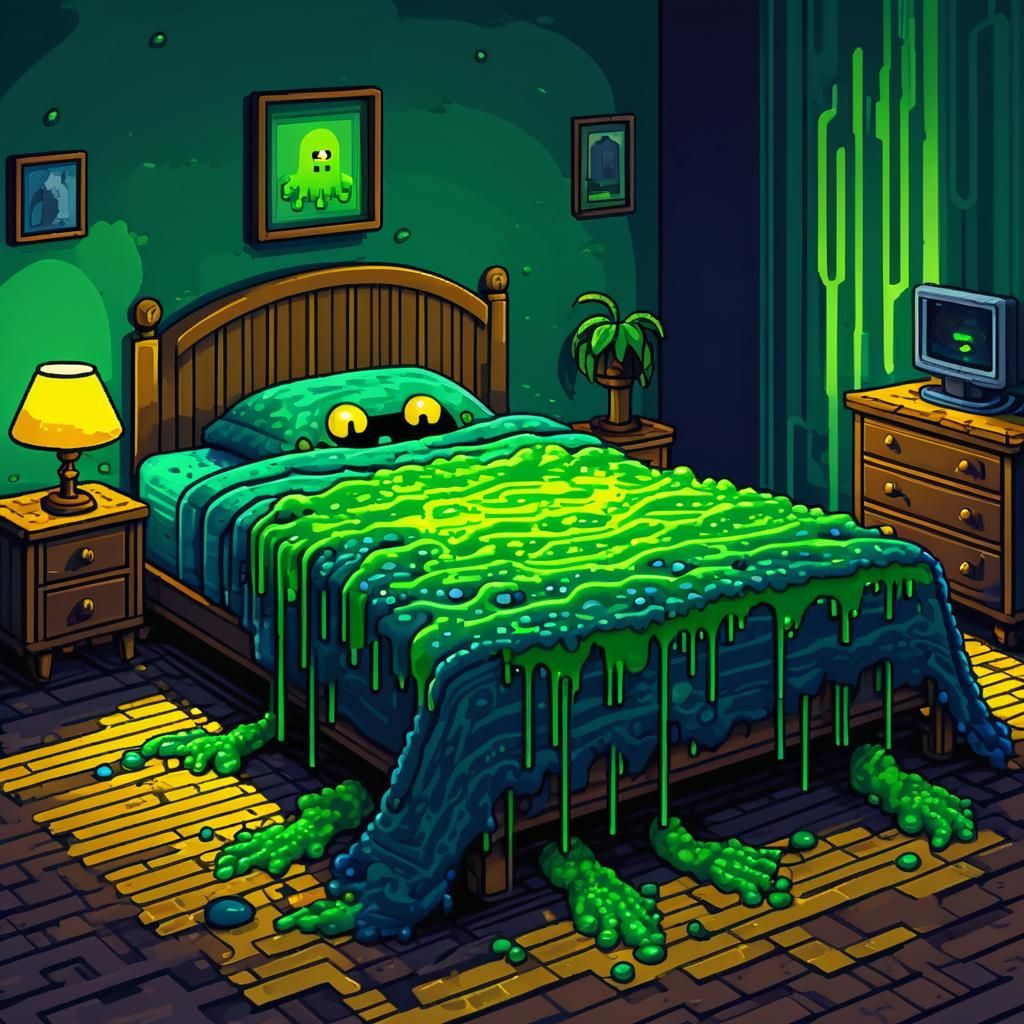 Green Slime Monster in Retro Pixel Art