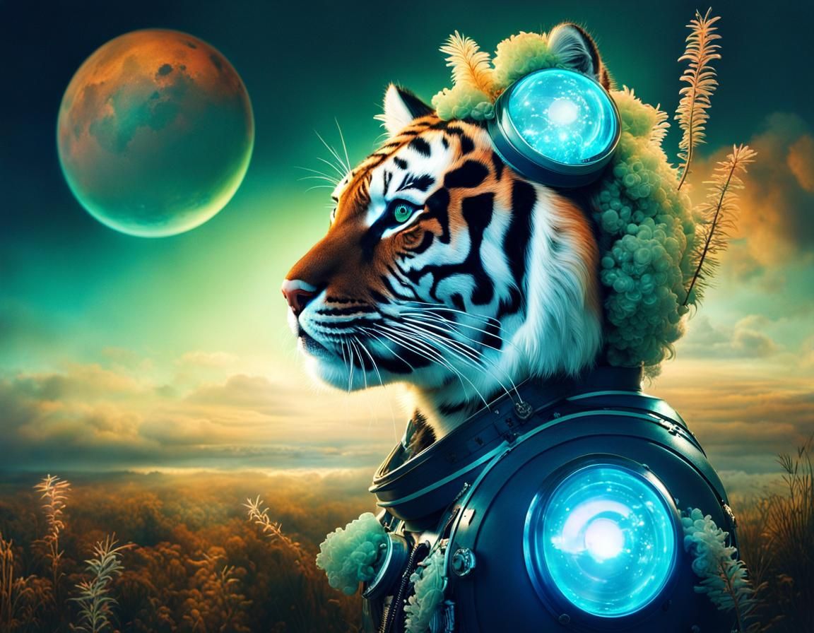 Surreal Tiger Lady Portrait on Bioluminescent Planet