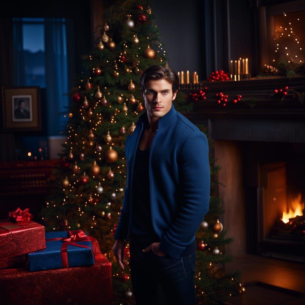 Beautiful Man by Christmas Tree, Detailed Digital Art