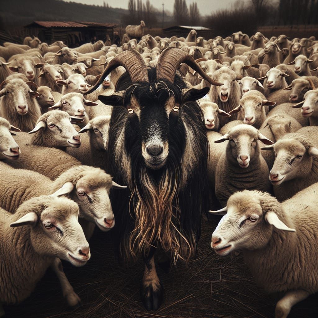 Robust Goat Amidst Angry Sheep in Countryside