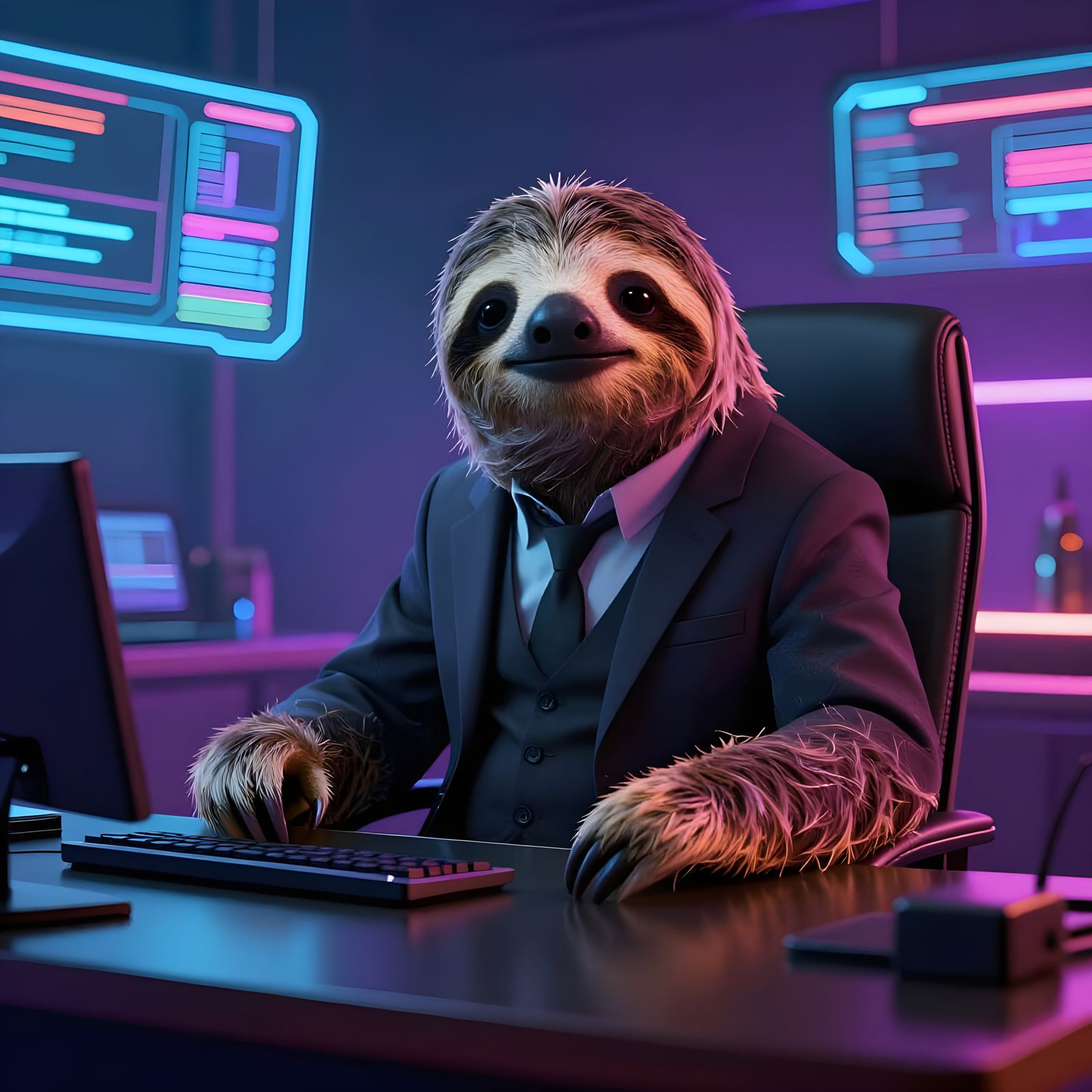 Serious Sloth in Cyberpunk Business Suit at Desk