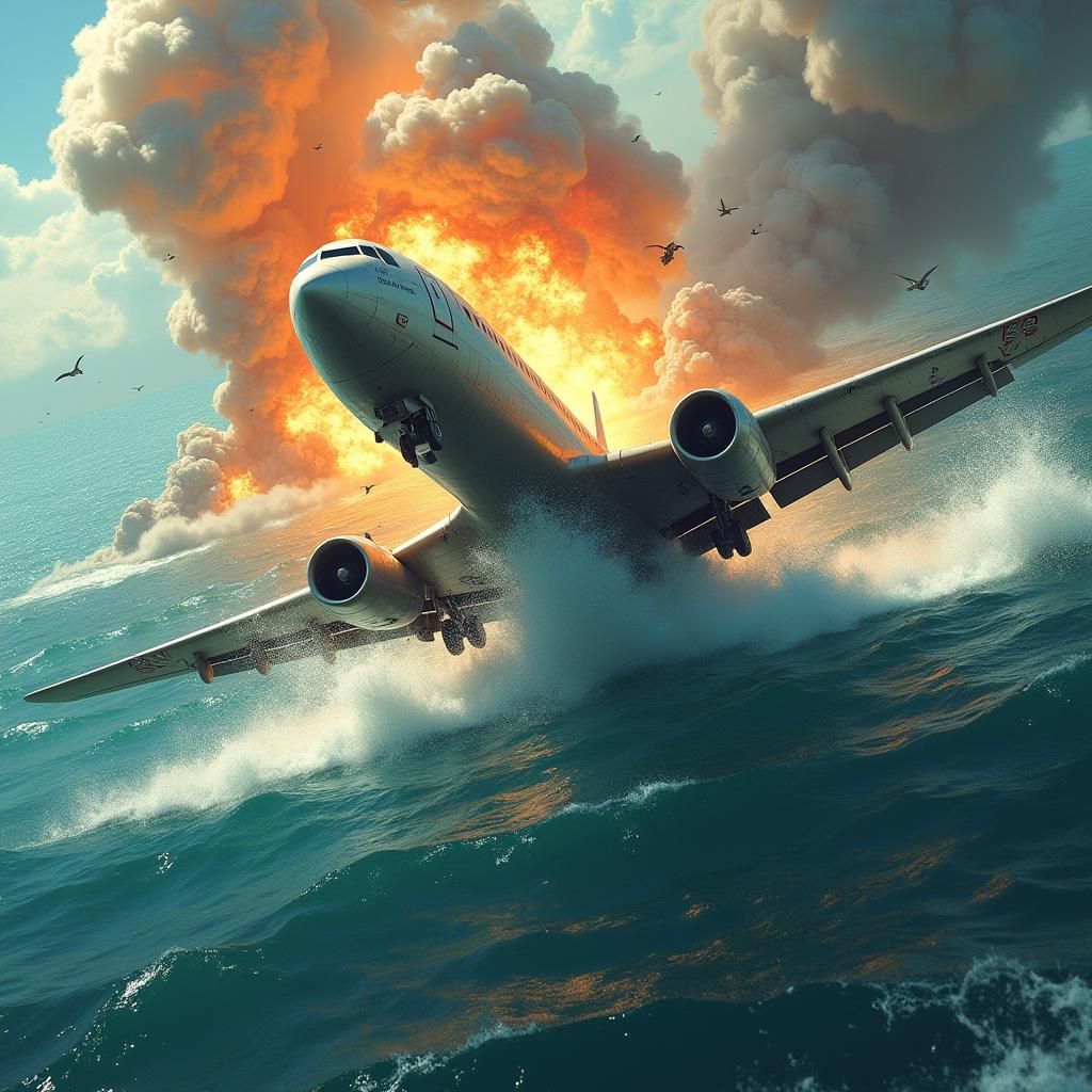 Airplane Exploding and Crashing into Turquoise Ocean