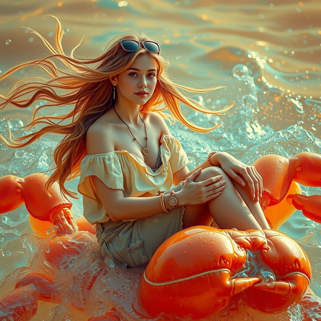 Bohemian Woman Riding Gummy Crab in Soda Sea