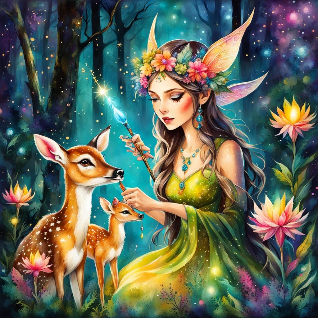 Mystical elven pixie characters healing a fawn in the magical forest with magic wand and glitter powder gorgeous flora a...