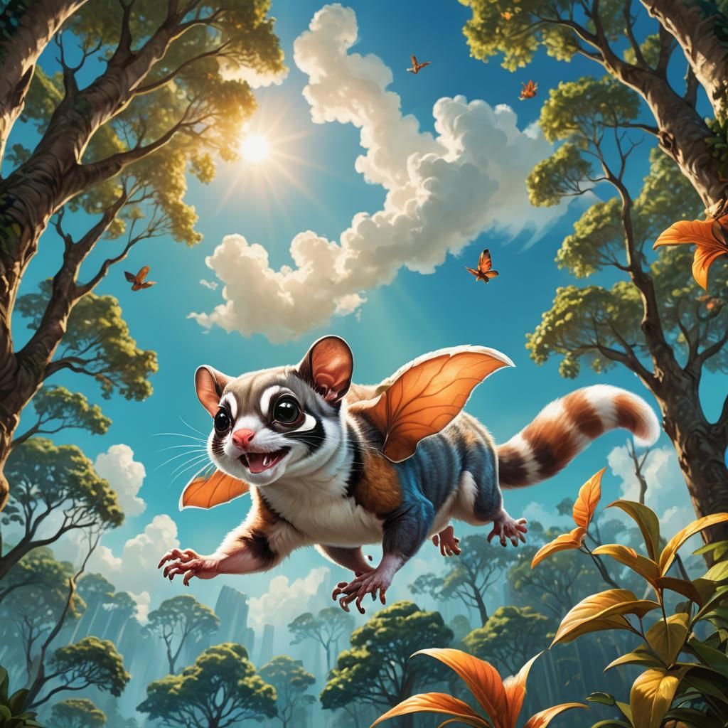 Sugar Glider Soaring Above Forest, Fantasy Art