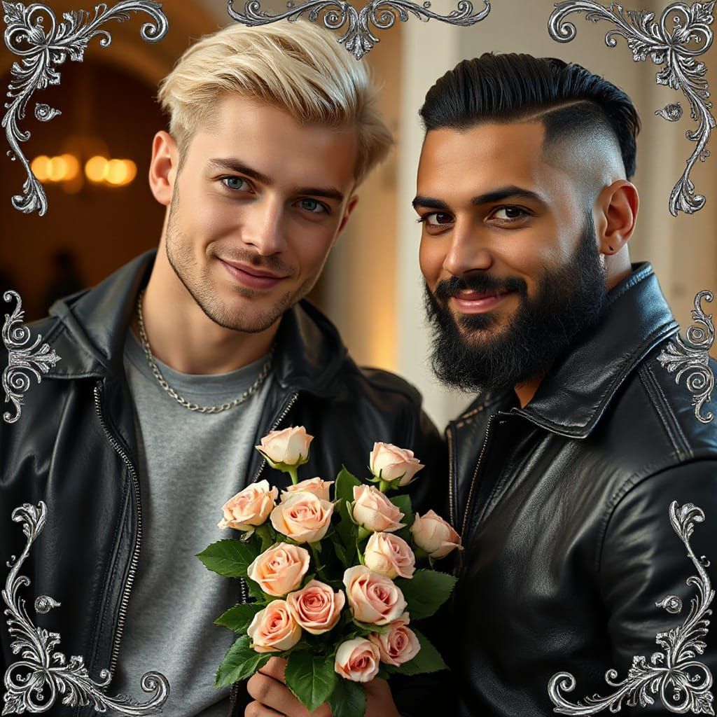 Intimate Portrait of Two Men with Roses in Silver Frame