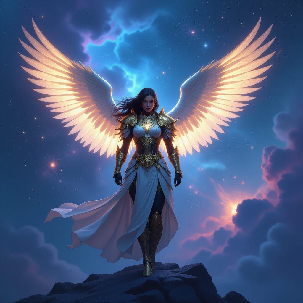 Celestial Warrior Facing Cosmic Storm in Epic Fantasy Style