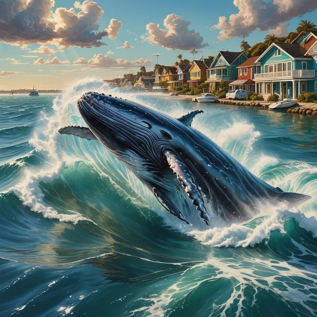 Blue Whale Leaps Over Speedboat in Hyperrealistic Splash Art
