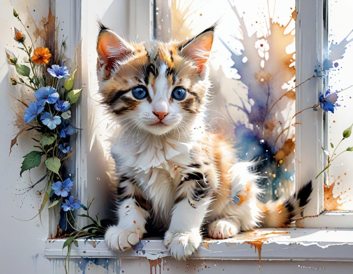 Cute Kitten in a Windowsill in Watercolor Style