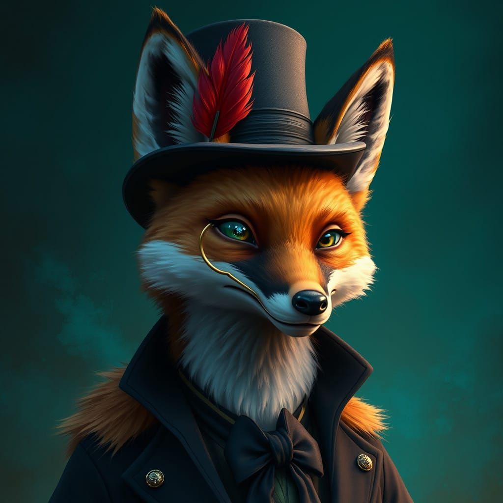 Regal Fox in Top Hat and Monocle, Cyberpunk Style