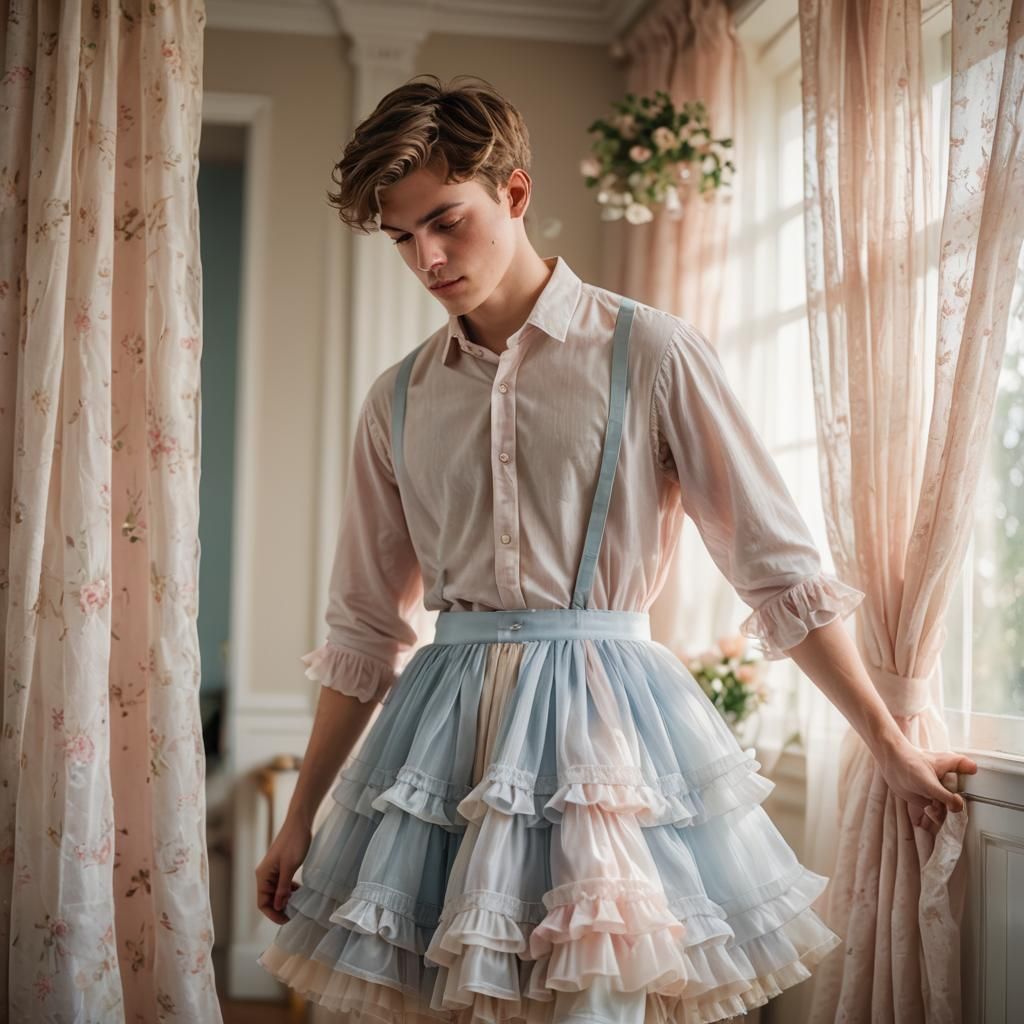 Boy in Petticoat Contemplates Elegant Dresses