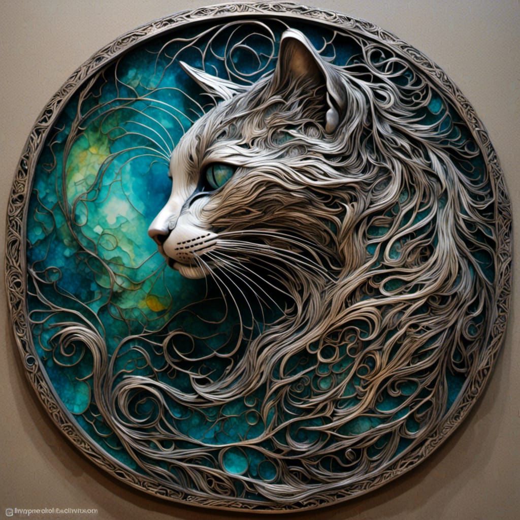 Abstract Cat Silhouette with Silver Filigree in Vibrant Colo...