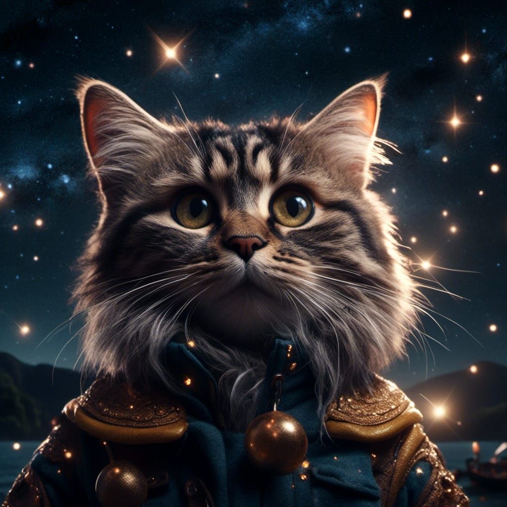 Hyperrealistic Cat Under Stars in Atmospheric Scene