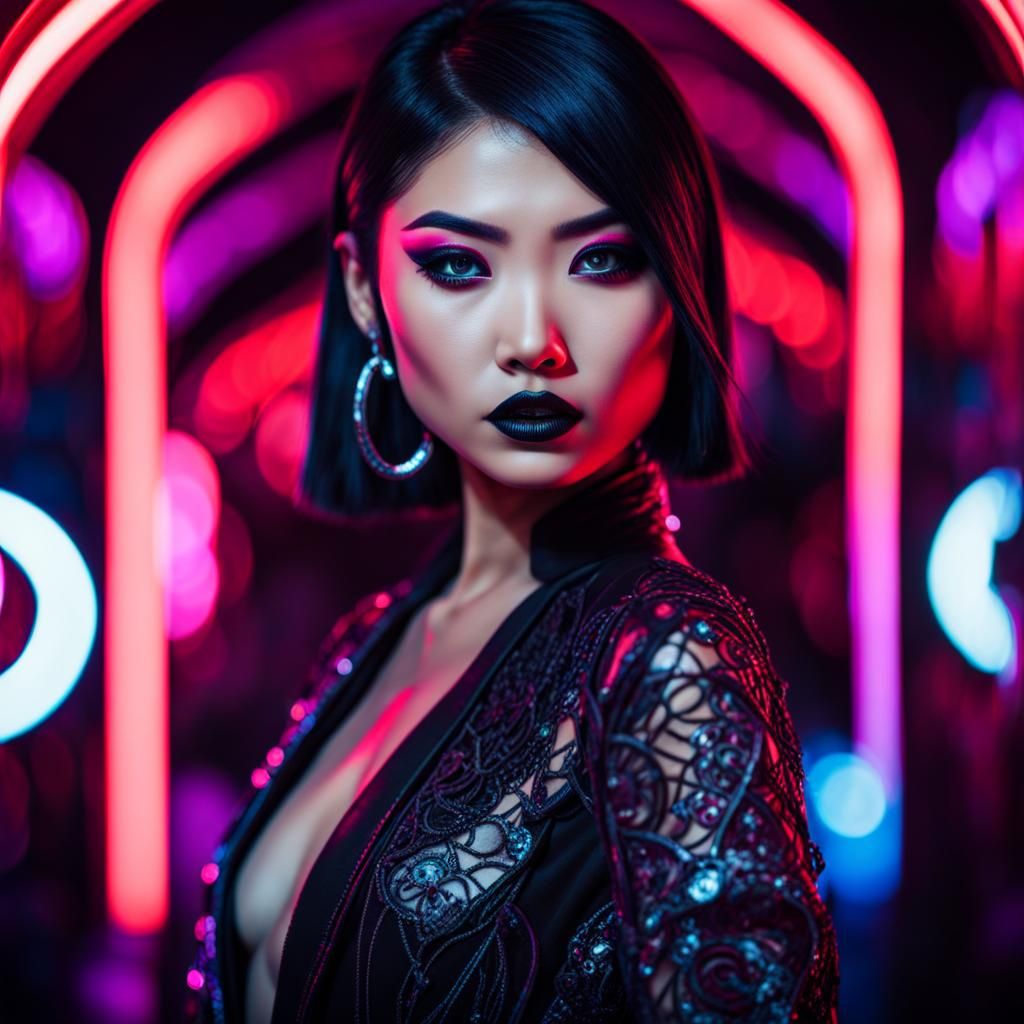 Asian Vampire Woman in Neon Lights: Hyperrealistic Portrait