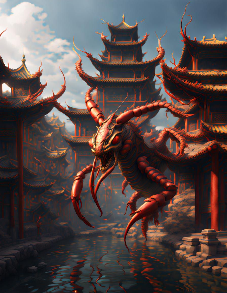 Crayfish Dragon in Old City: Detailed Matte Painting