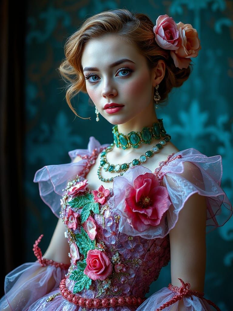 Elegant Woman in Detailed Glass Gown, Lithograph Style