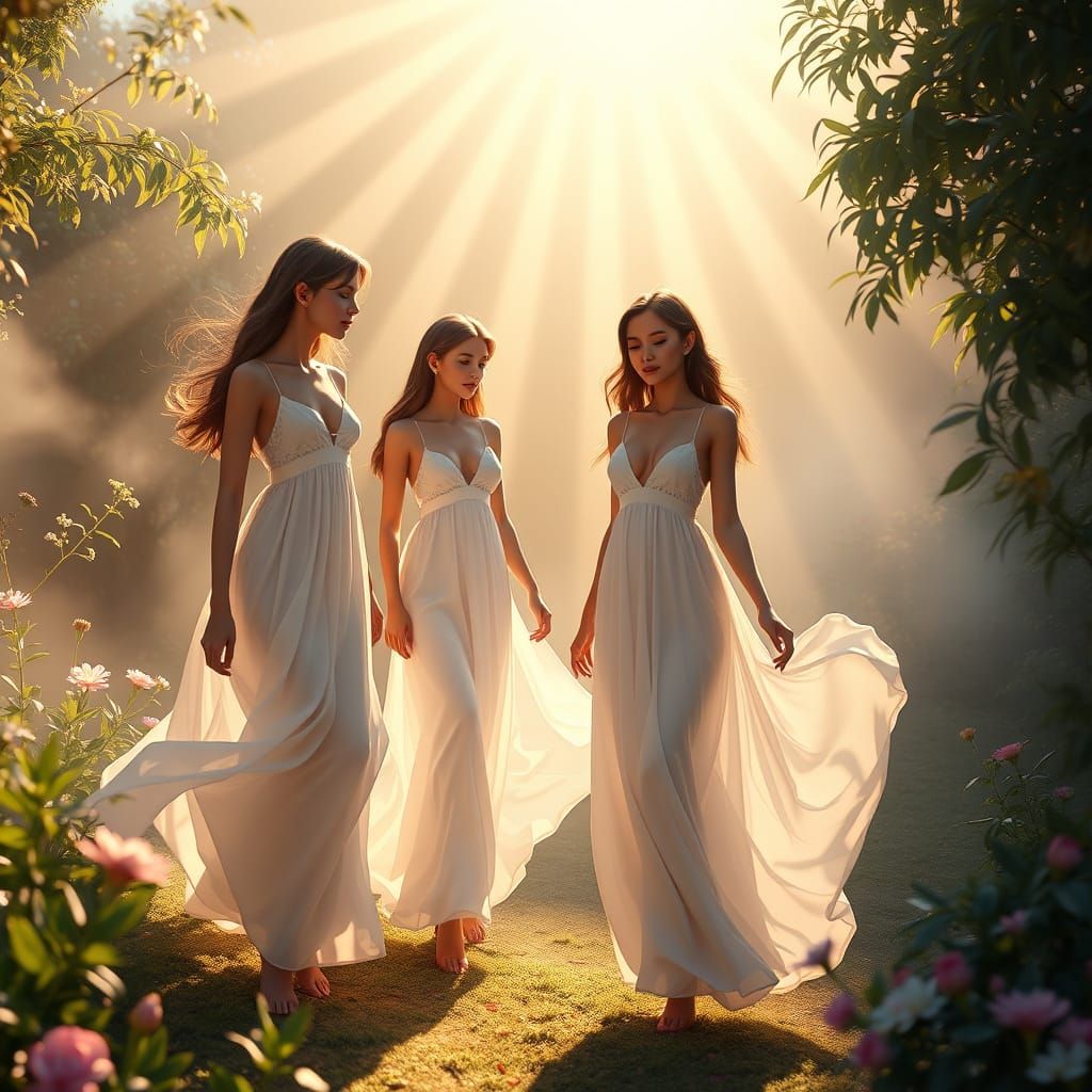 Women in White Gowns in Secret Garden