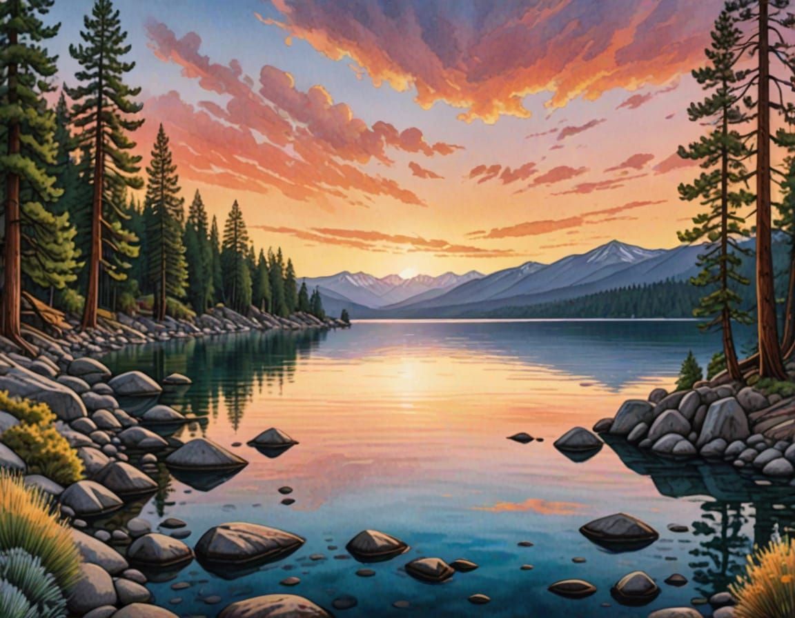 Vibrant Watercolor Landscape of Lake Tahoe at Sunset