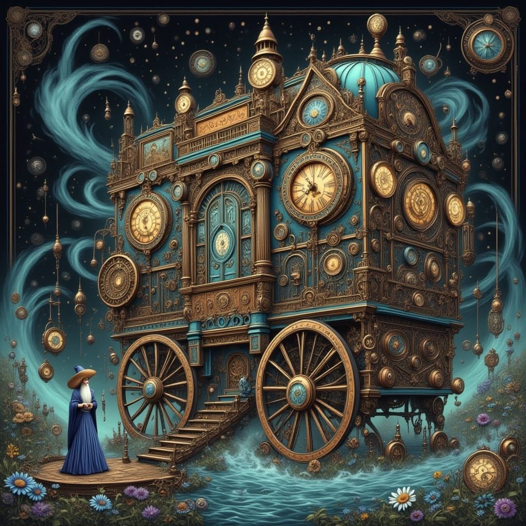 Mystical Wizard and Ornate Steampunk Wagon