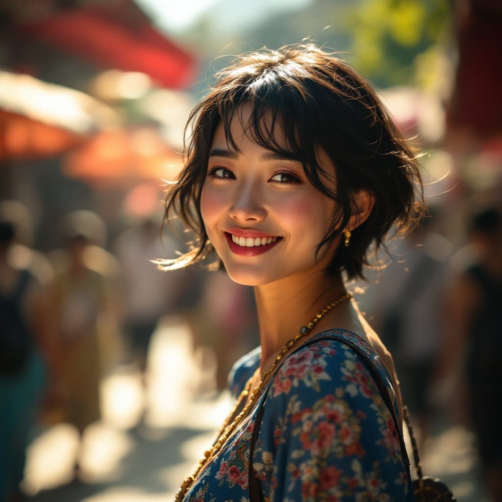 Asian Woman in Traditional Blue Samue Clothing Walks Down Vi...