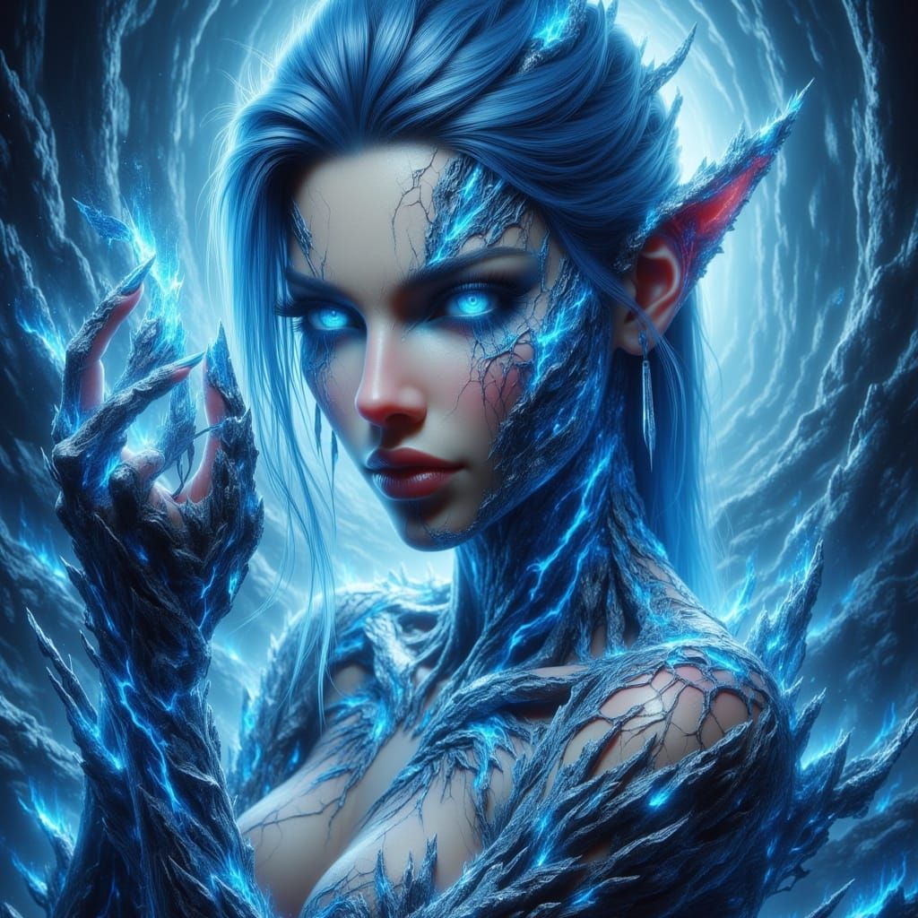 Blue Elf Warrior in Mystical Landscape