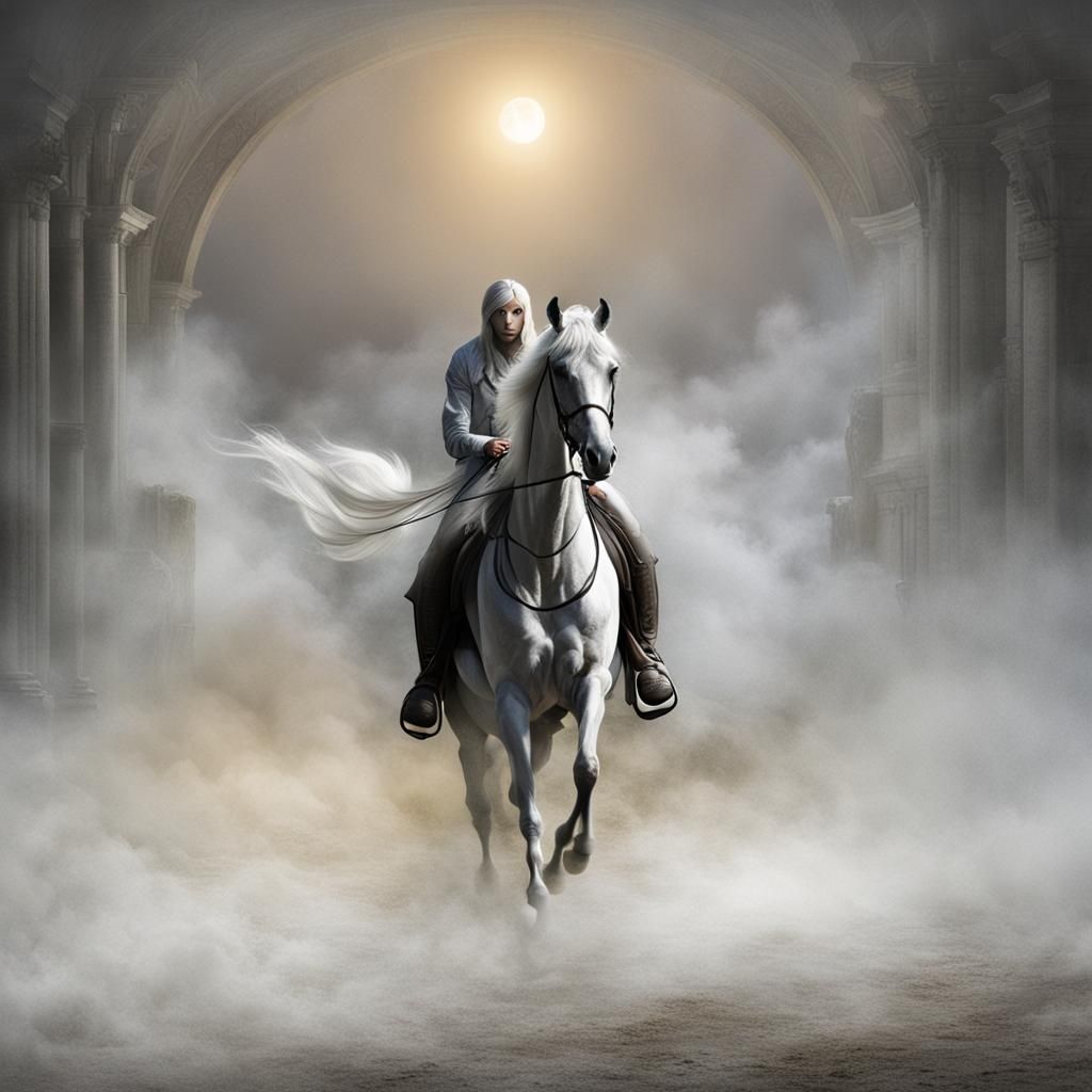 Ethereal Horse Rider Emerges from White Fog