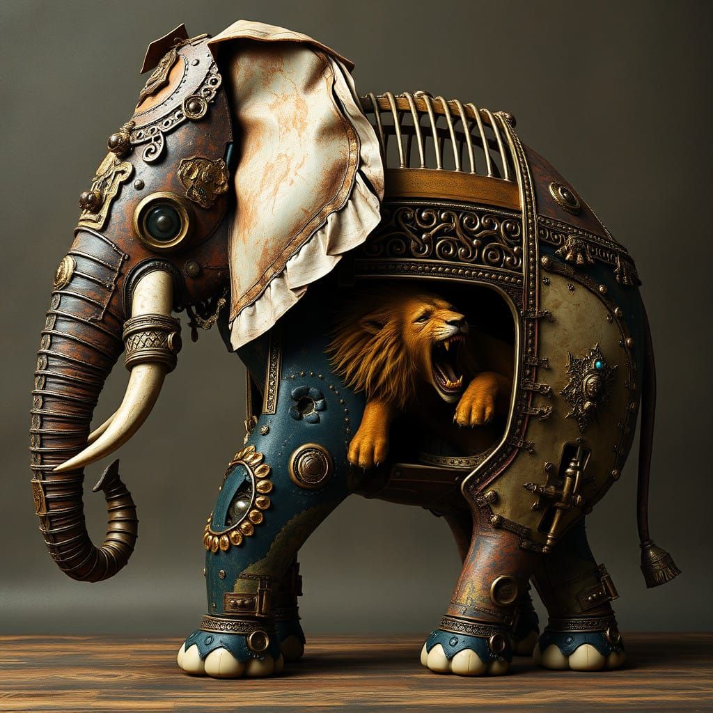 Mechanical Elephant in Ornate Cage with Roaring Lion