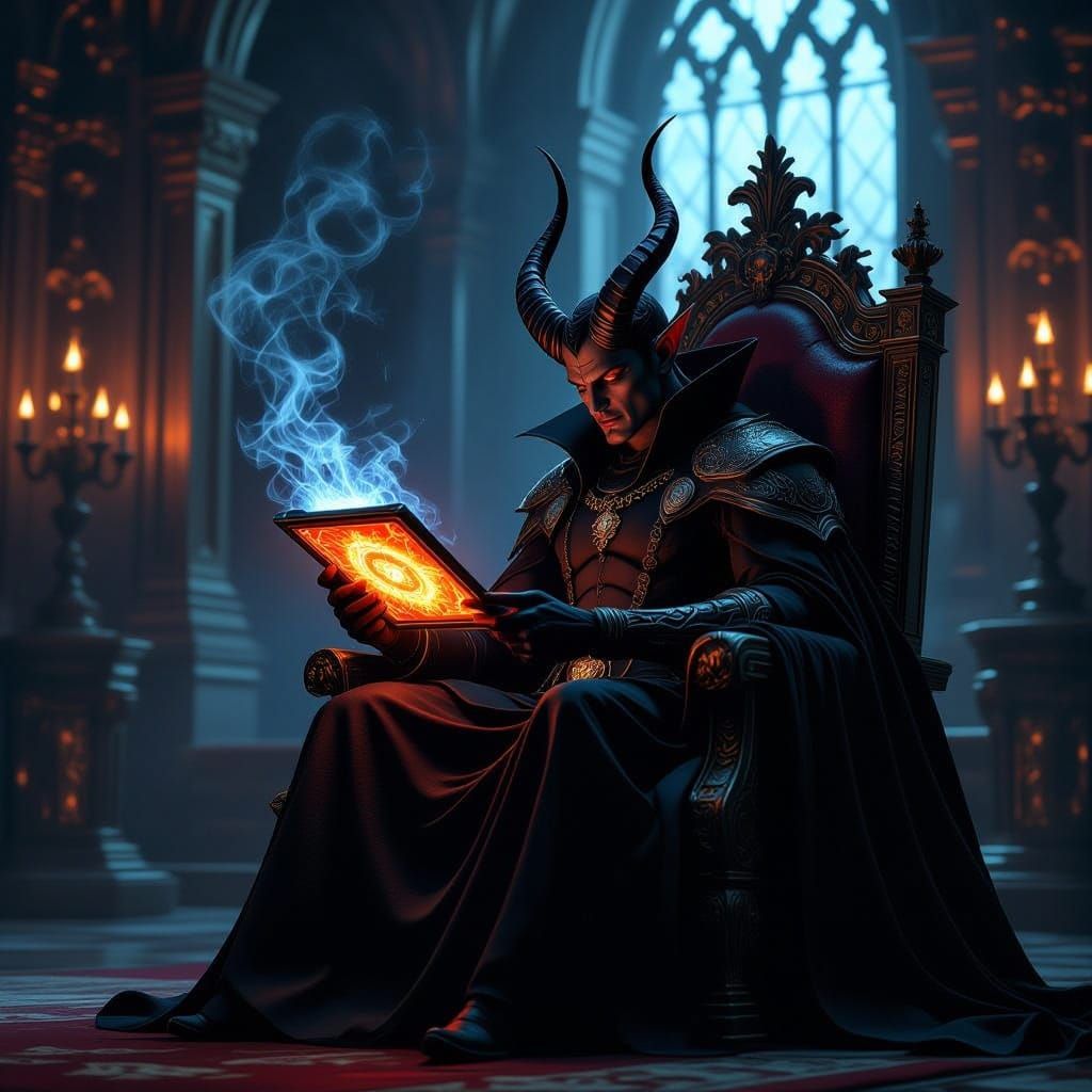 Dark Fantasy Digital Painting of Satan with Ethereal Tablet