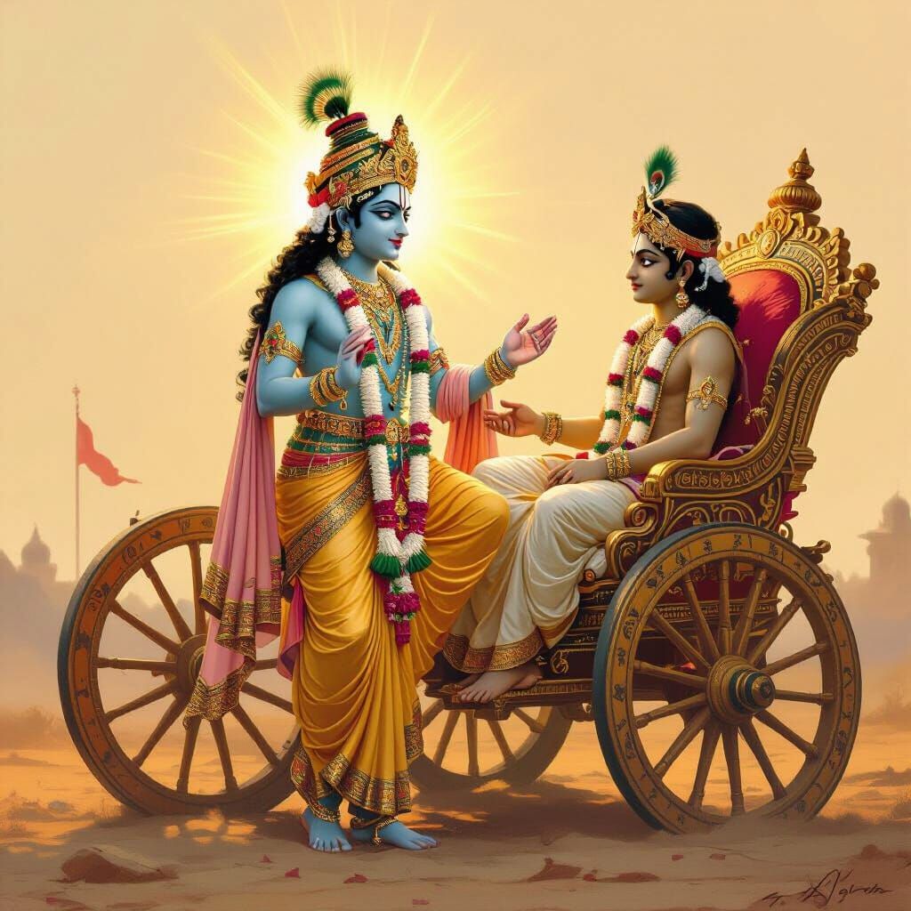 Krishna and Arjuna in Chariot, in Indian Art Style