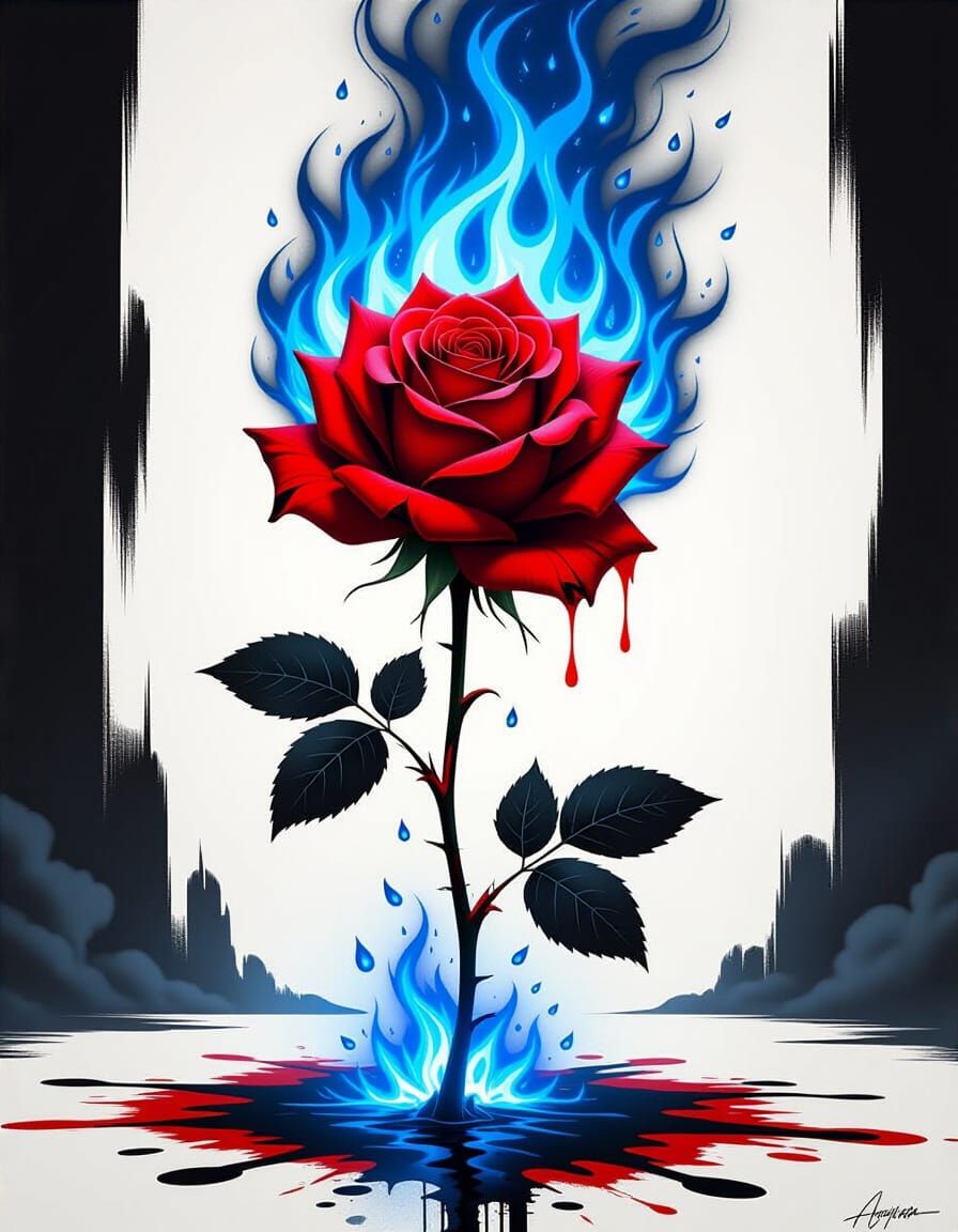 Crimson Rose Ablaze With Blue Fire and Paint Splatter