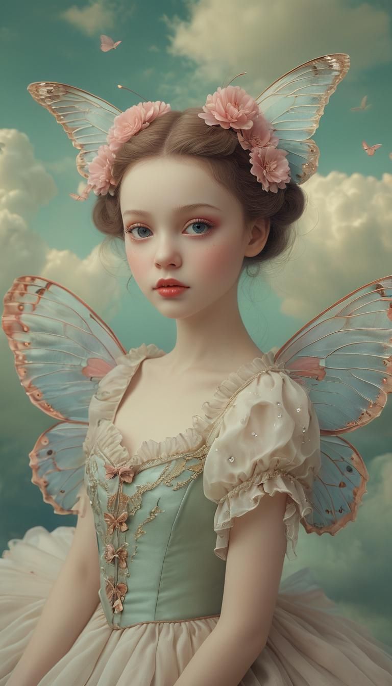Close up ethereal portrait of a whimsical butterfly with bea...