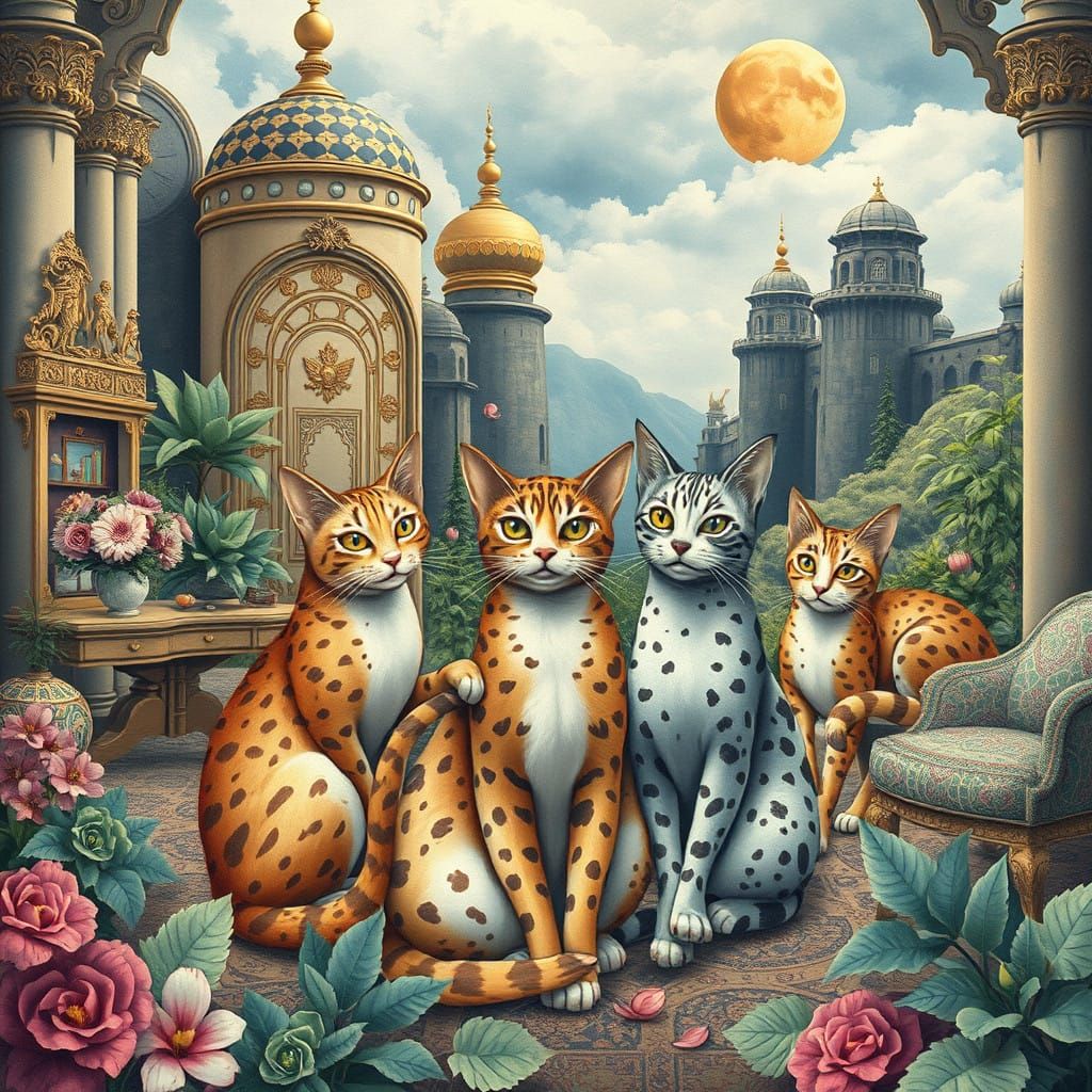 Dreamlike Whimsy of Whimsical Felines in Baroque Dreamscape