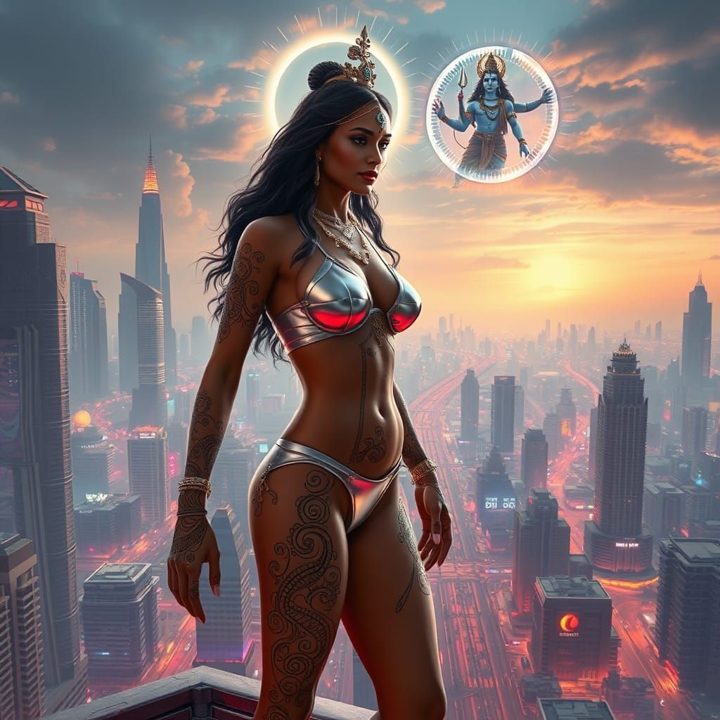 Futuristic Indian Woman and Shiva in Cyberpunk Cityscape