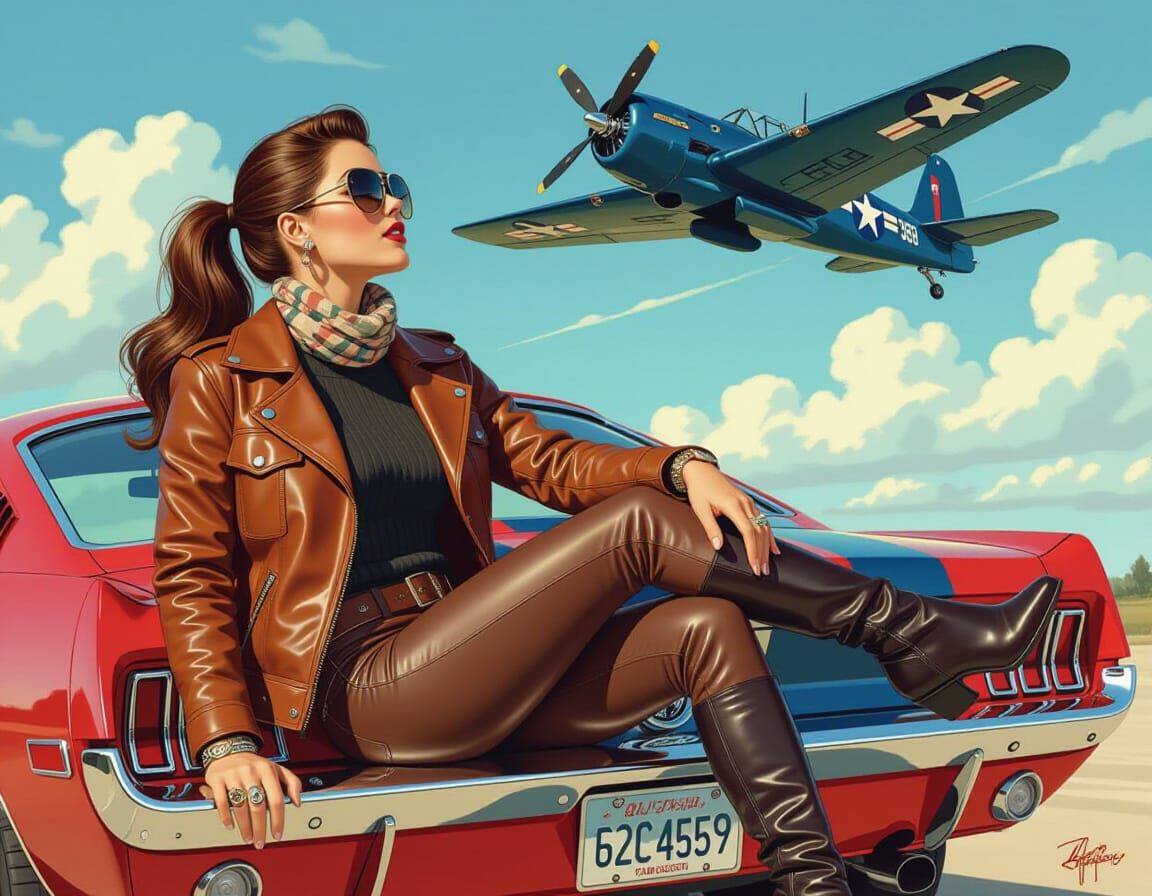 Brunette Pilot Watches Plane in Comic Art Style