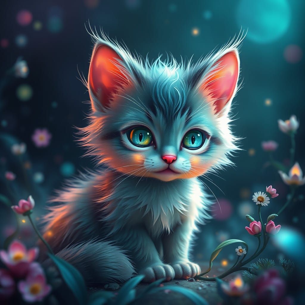 Whimsical Kitty in Dreamlike Fantasy Landscape