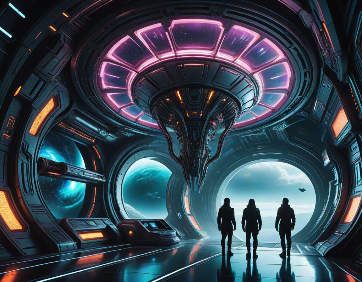 Alien and Cyborg Crew Observe Wormhole Near Starship