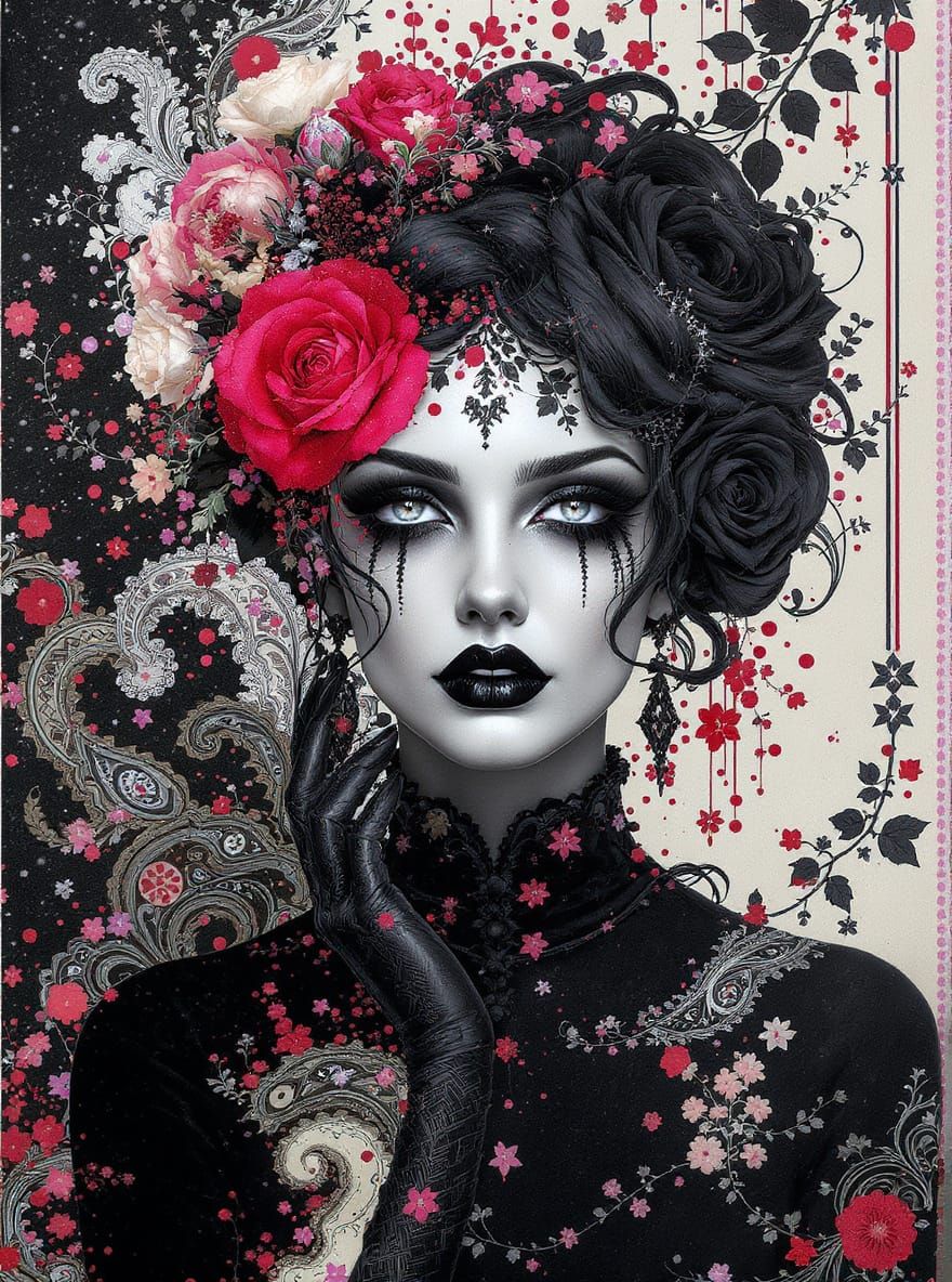 Surreal Gothic Rose with Paisley and Polka Dots