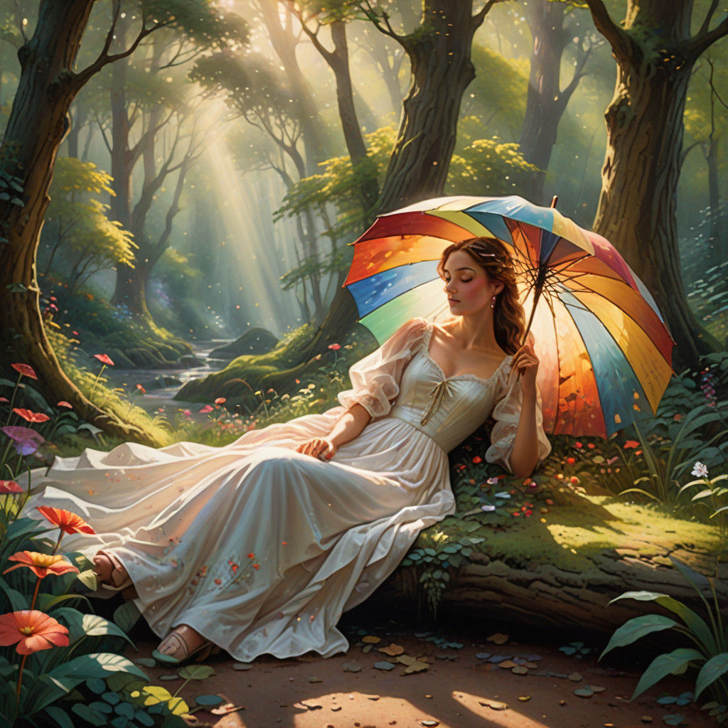 Whimsical Dream Under a Colorful Umbrella