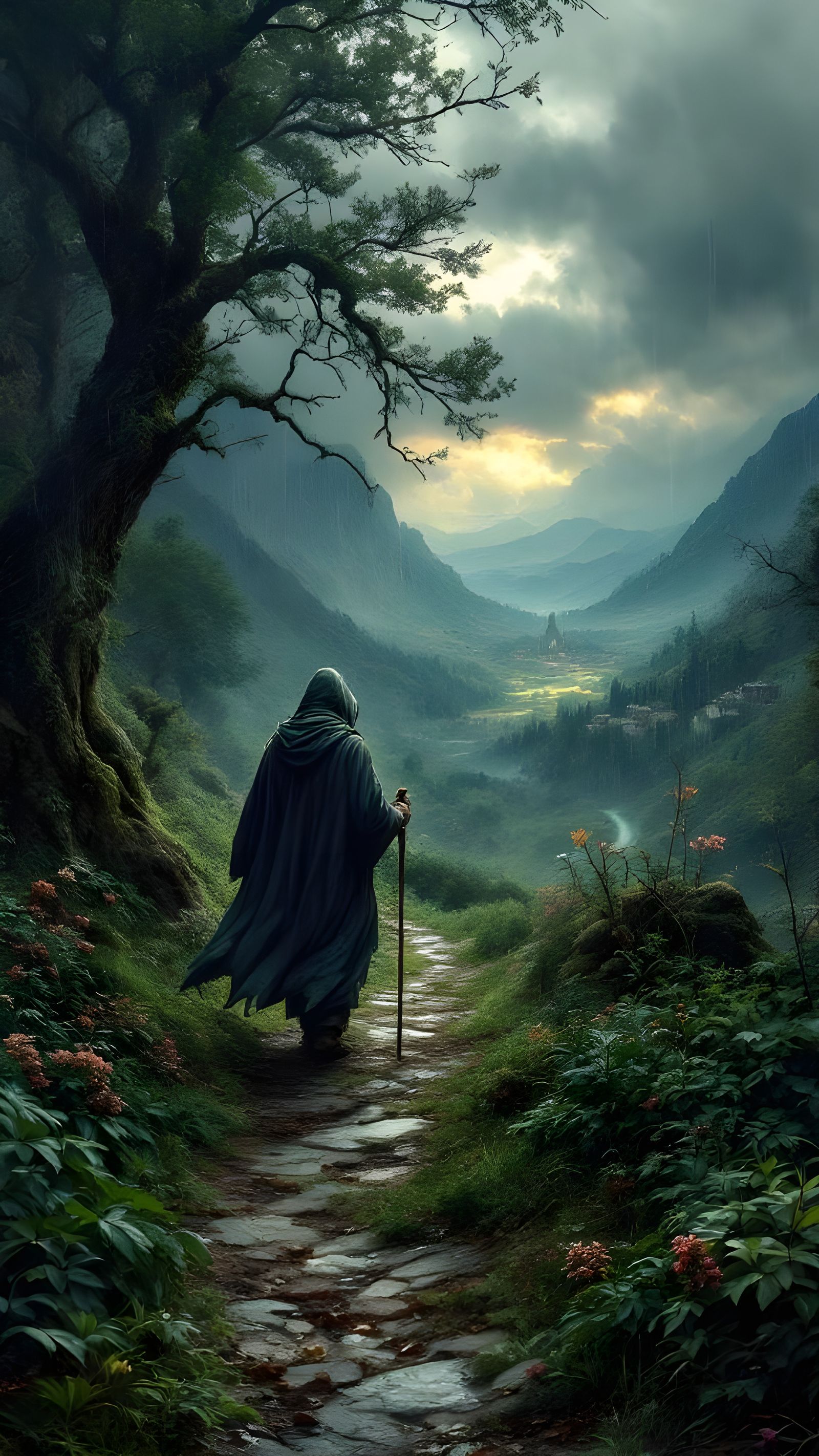Traveler Walks Overgrown Path in Fairytale Valley