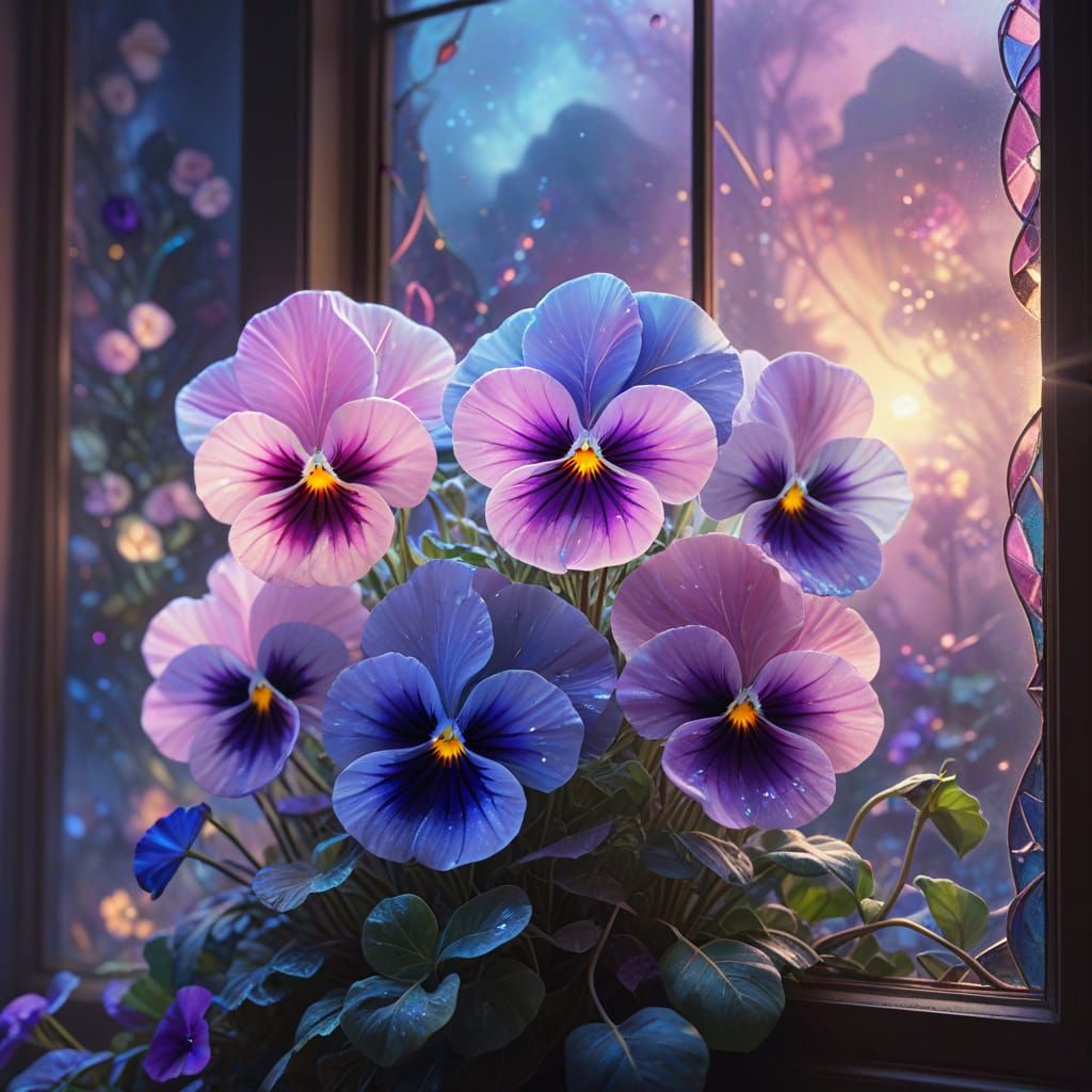 Fantasy Stained Glass Pansies in Soft Hues