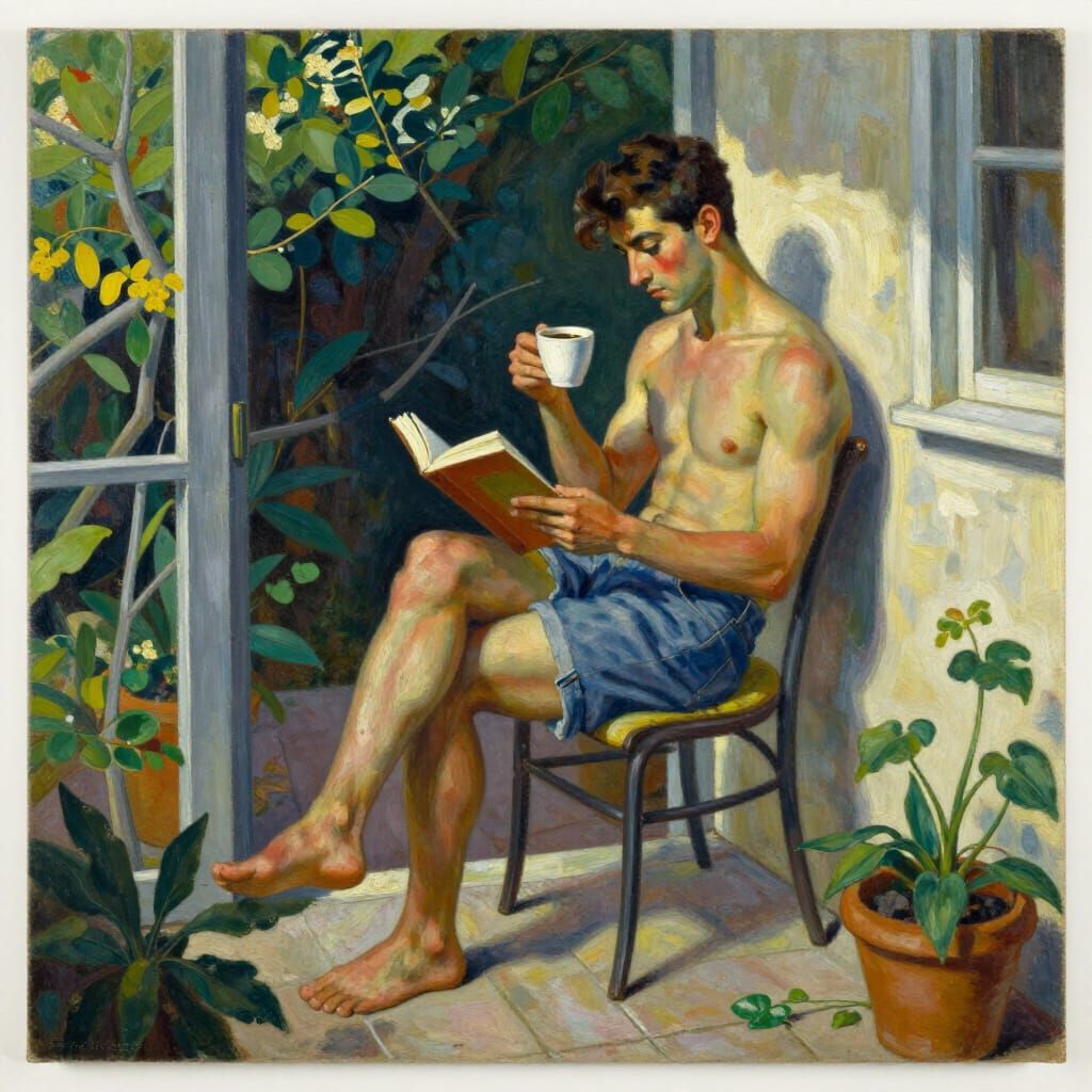 Young Man Reading in Sunny Garden Alcove, Milo Manara Style
