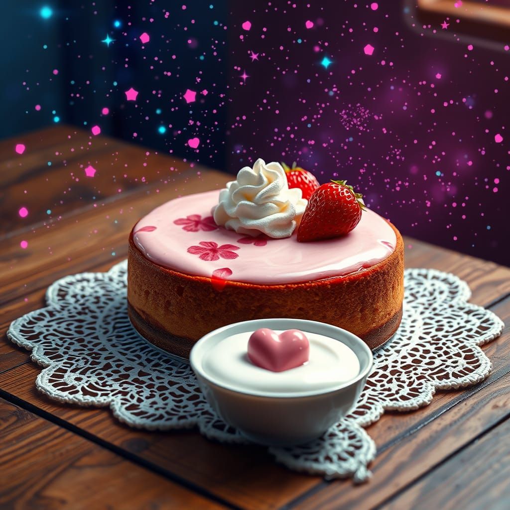 Surreal Strawberry Cheesecake in Whimsical Star Dust