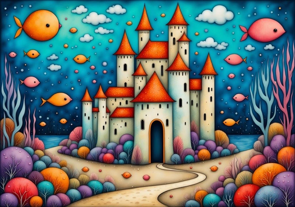 Fantastical Underwater Castle in Naive Art Style