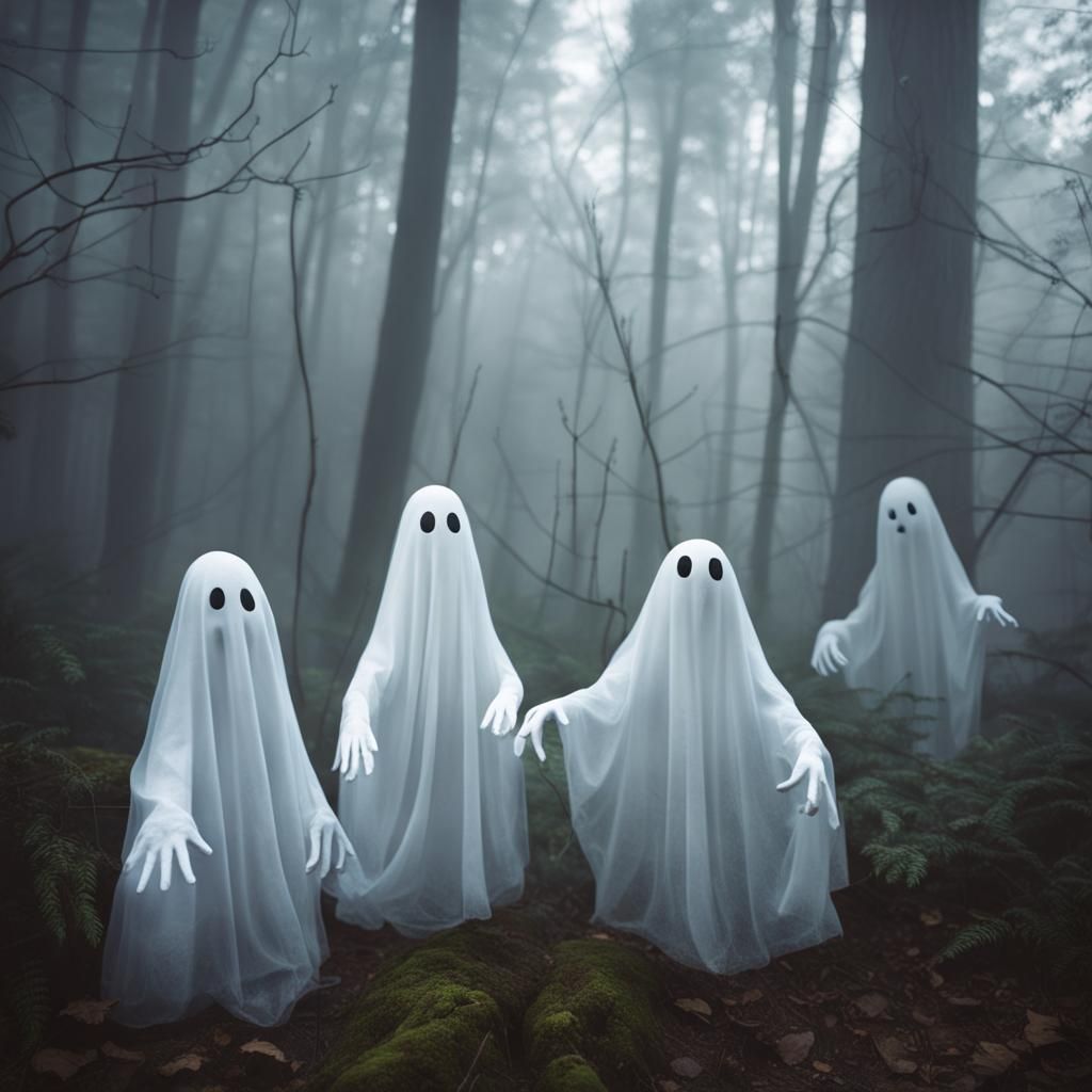 Friendly Ghost Puppets in Misty Forest