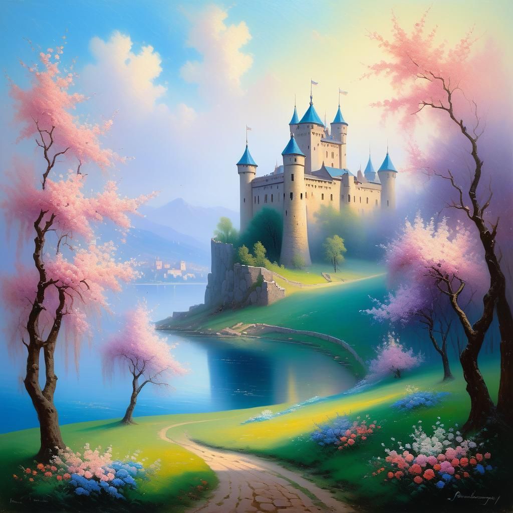 Medieval Castle Amidst Spring Blossoms: Oil Painting