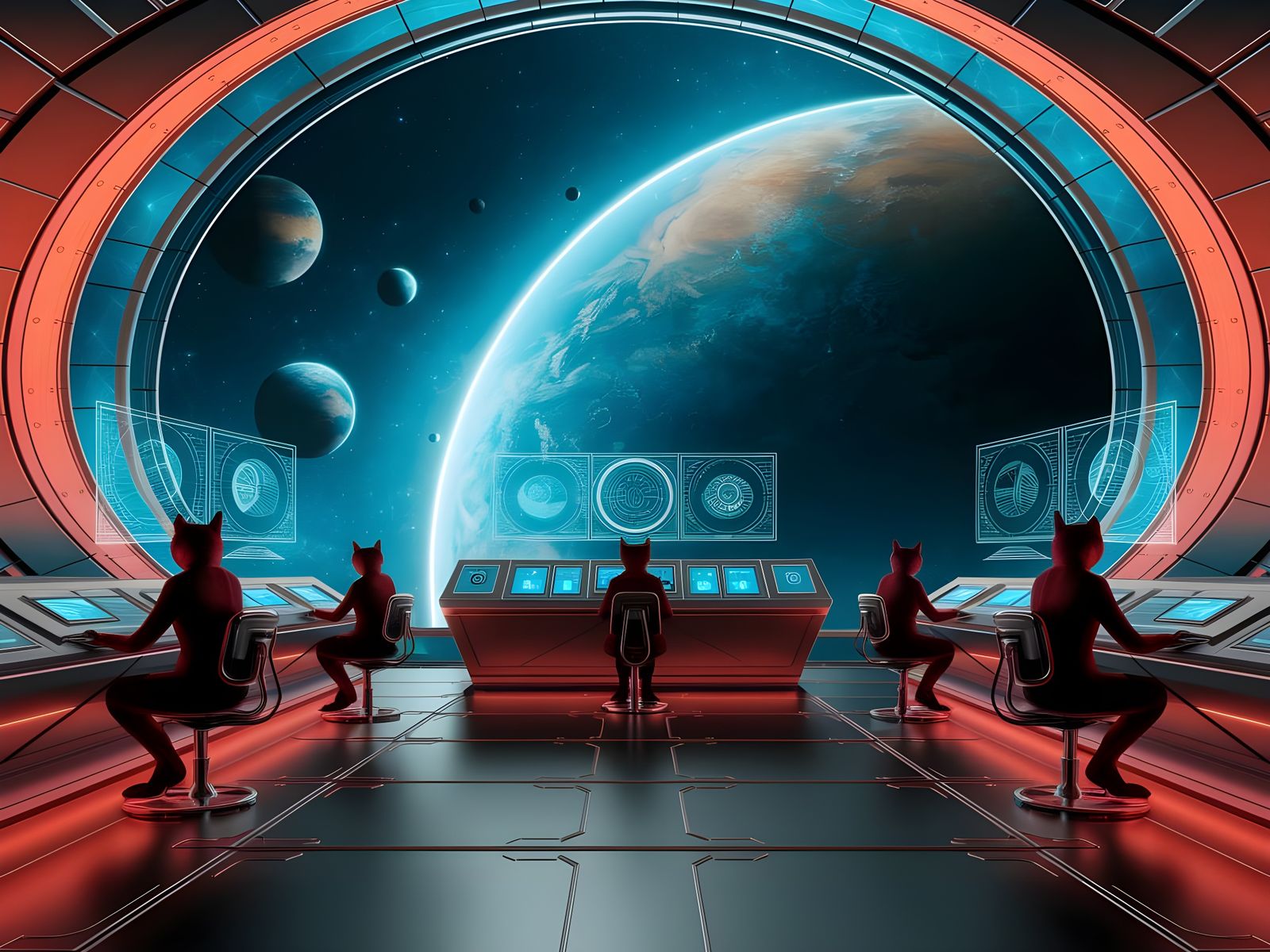 Felinoid Cats Oversee Futuristic Space Station Control