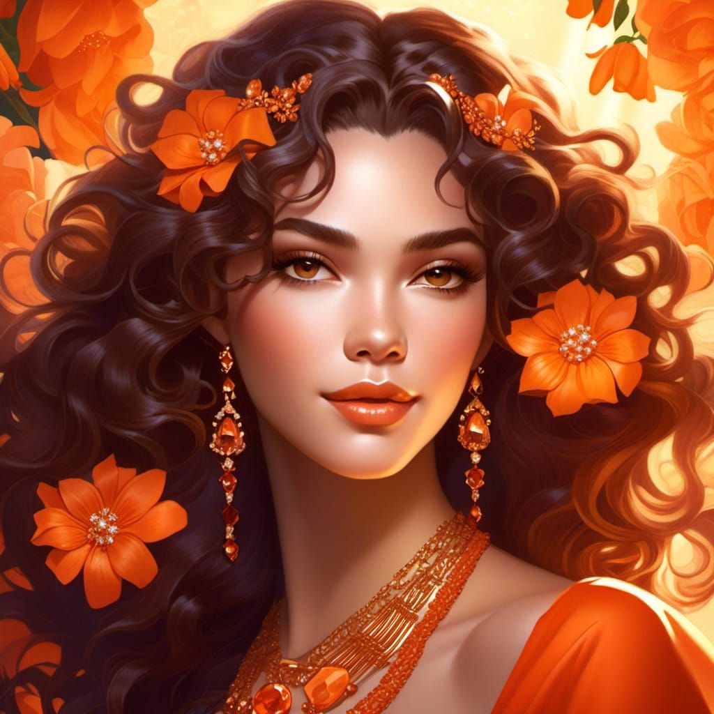 Happy Woman in Orange Dress with Flowers