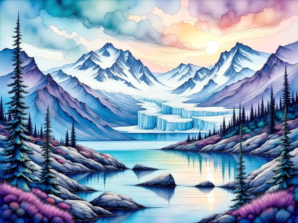 Surreal Denali Landscape in Ink and Watercolor Style