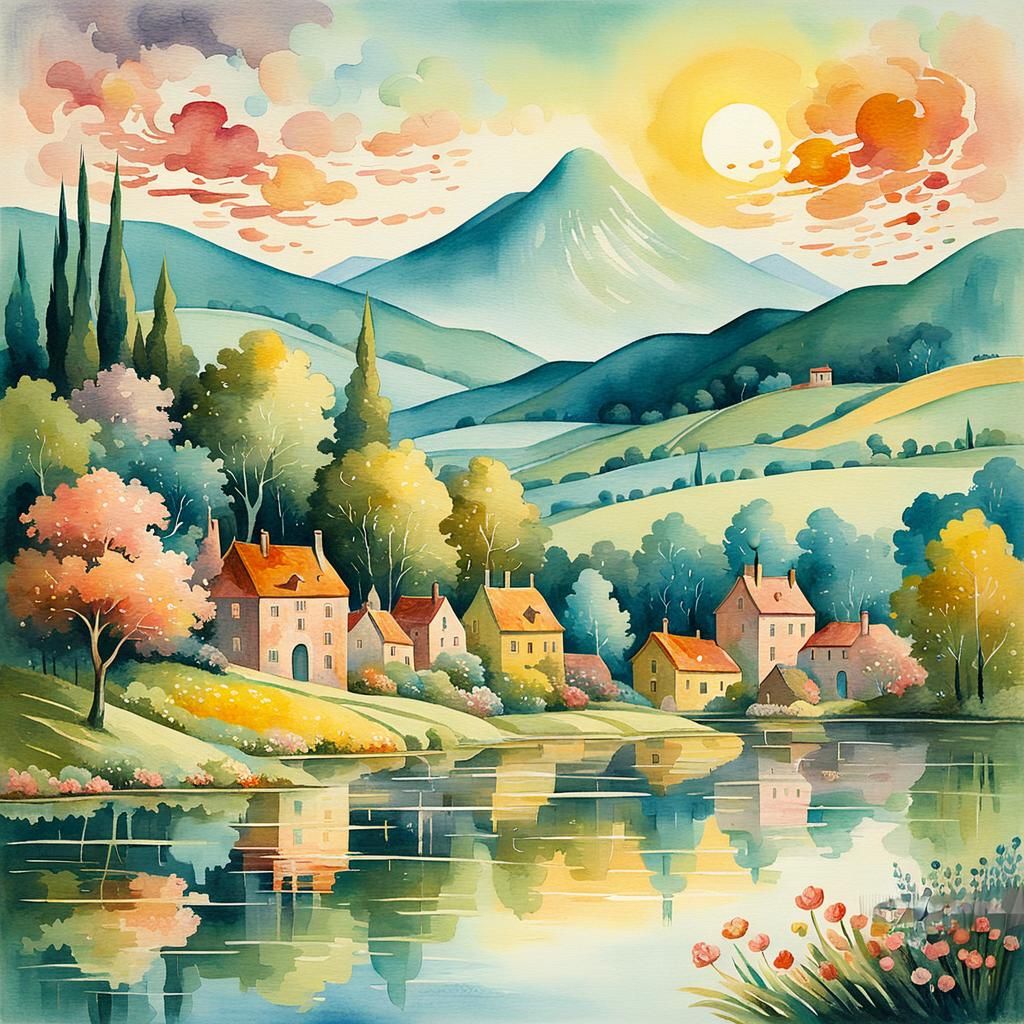 Idyllic Village on Flowered Lake: Naive Art